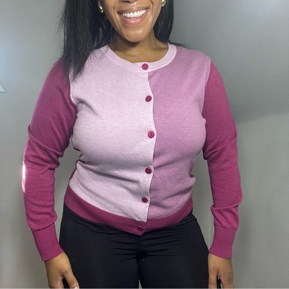 ORVIS Cardigan Knit Button Sweater Top Purple Career Casual Business Colorblock - Picture 3 of 8
